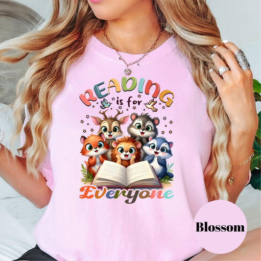 Reading is for Everyone Comfort Colors® Shirt, Cute Animal Book Lover Tee, Inclusive Reading Shirt, Teacher or Librarian Shirt, Storytime