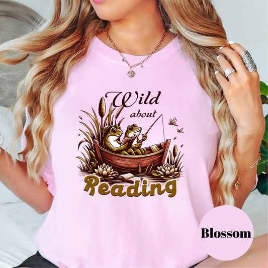 Wild About Reading Comfort Colors® Shirt, Cute Frog Reading Shirt, Nature Book Lover Tee, Librarian or Teacher Shirt, Cottagecore Tee