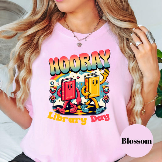 Hooray Library Day Comfort Colors® Shirt, Cute Book Lover Graphic Tee, Teacher or Librarian Shirt, Reading Day Shirt, Retro Book Tee