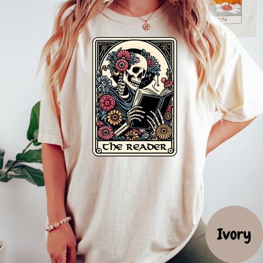 The Reader Comfort Colors® Shirt, Gothic Book Lover Shirt, Skeleton Tarot Card Tee, Dark Academia Graphic Tee, Spooky Reader Shirt
