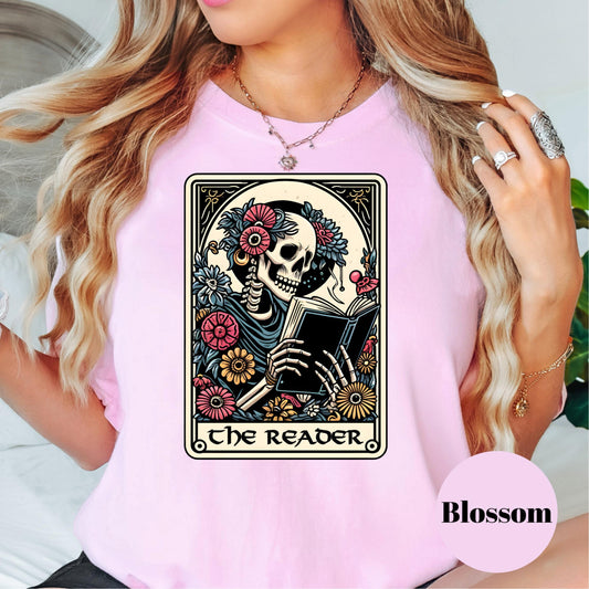The Reader Comfort Colors® Shirt, Gothic Book Lover Shirt, Skeleton Tarot Card Tee, Dark Academia Graphic Tee, Spooky Reader Shirt