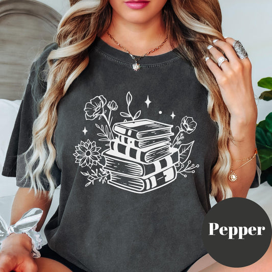 Stack of Books Floral Shirt, Reader Comfort Colors® Shirt, Book Lover Tee, Reading Shirt for Women, Cozy Reader Gift, Bookish Apparel