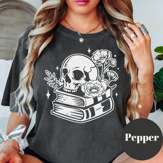 Skull and Books Shirt, Gothic Book Lover Comfort Colors® Shirt, Dark Academia Tee, Spooky Reading Shirt, Literary Gift, Bookish Skull Tee
