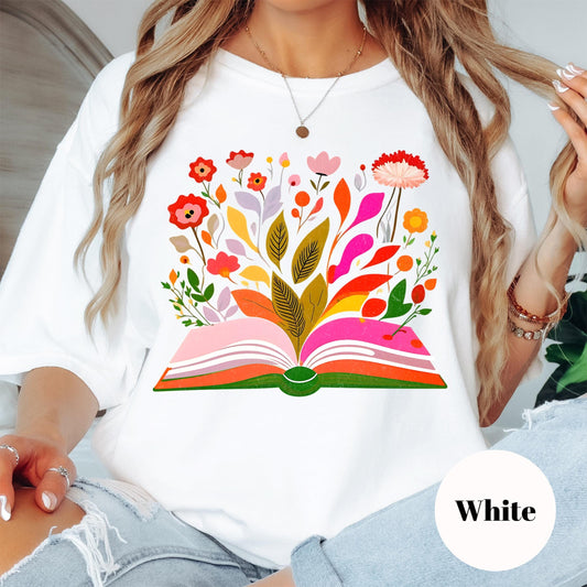 Open Book Floral Shirt, Comfort Colors® Reading Shirt, Colorful Book Lover Gift, Botanical Reader Tee, Whimsical Bookish T-Shirt