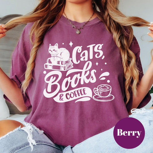 Cats Books and Coffee Shirt, Comfort Colors® Book Lover Tee, Cat Mom Gift, Cozy Reader Shirt, Bookish Graphic Tee, Coffee Shirt for Women