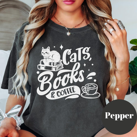Cats Books and Coffee Shirt, Comfort Colors® Book Lover Tee, Cat Mom Gift, Cozy Reader Shirt, Bookish Graphic Tee, Coffee Shirt for Women