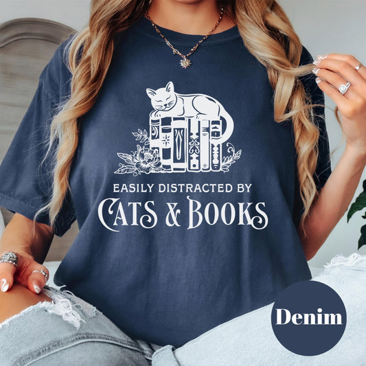 Easily Distracted by Cats and Books Shirt, Comfort Colors® Bookish Tee, Funny Cat Lover Gift, Cozy Reading Shirt, Introvert Reader Tee