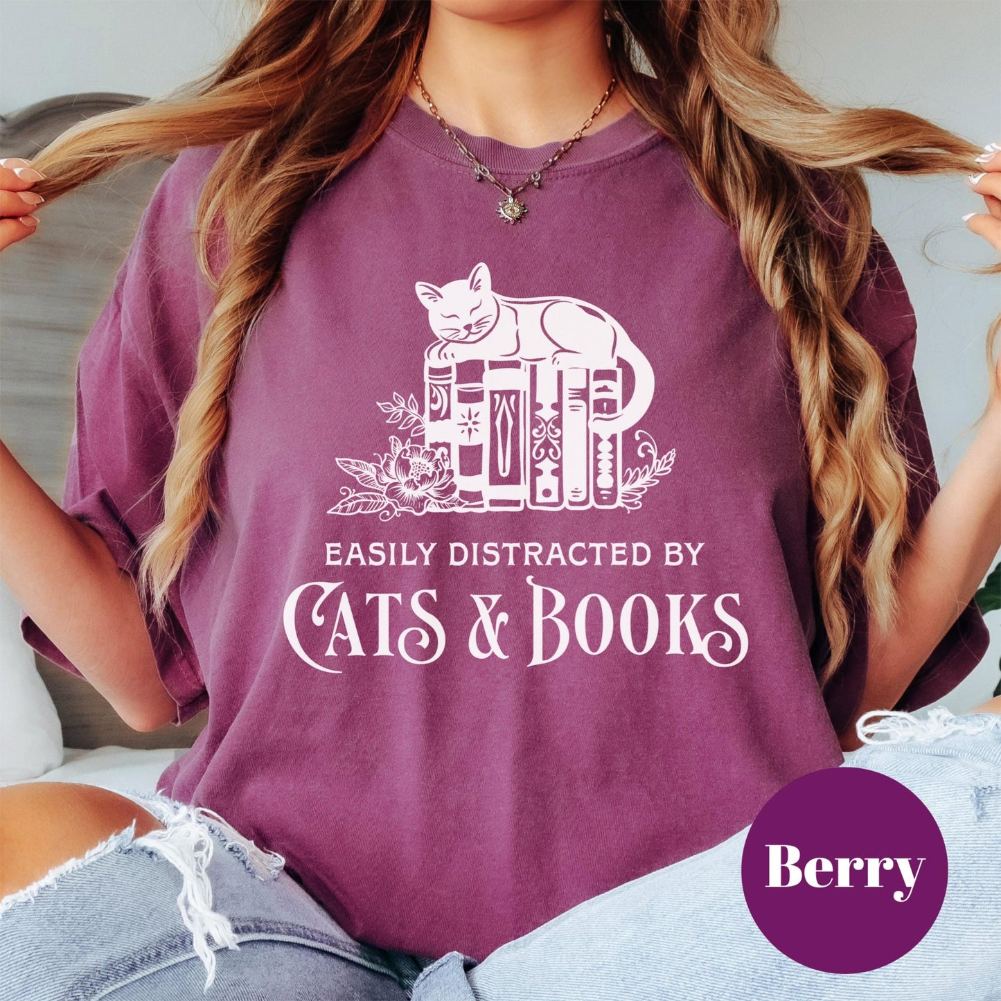 Easily Distracted by Cats and Books Shirt, Comfort Colors® Bookish Tee, Funny Cat Lover Gift, Cozy Reading Shirt, Introvert Reader Tee