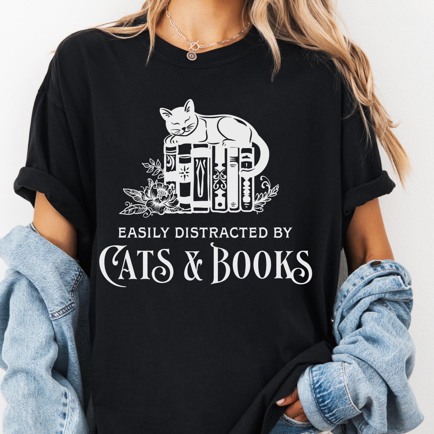 Easily Distracted by Cats and Books Shirt, Comfort Colors® Bookish Tee, Funny Cat Lover Gift, Cozy Reading Shirt, Introvert Reader Tee
