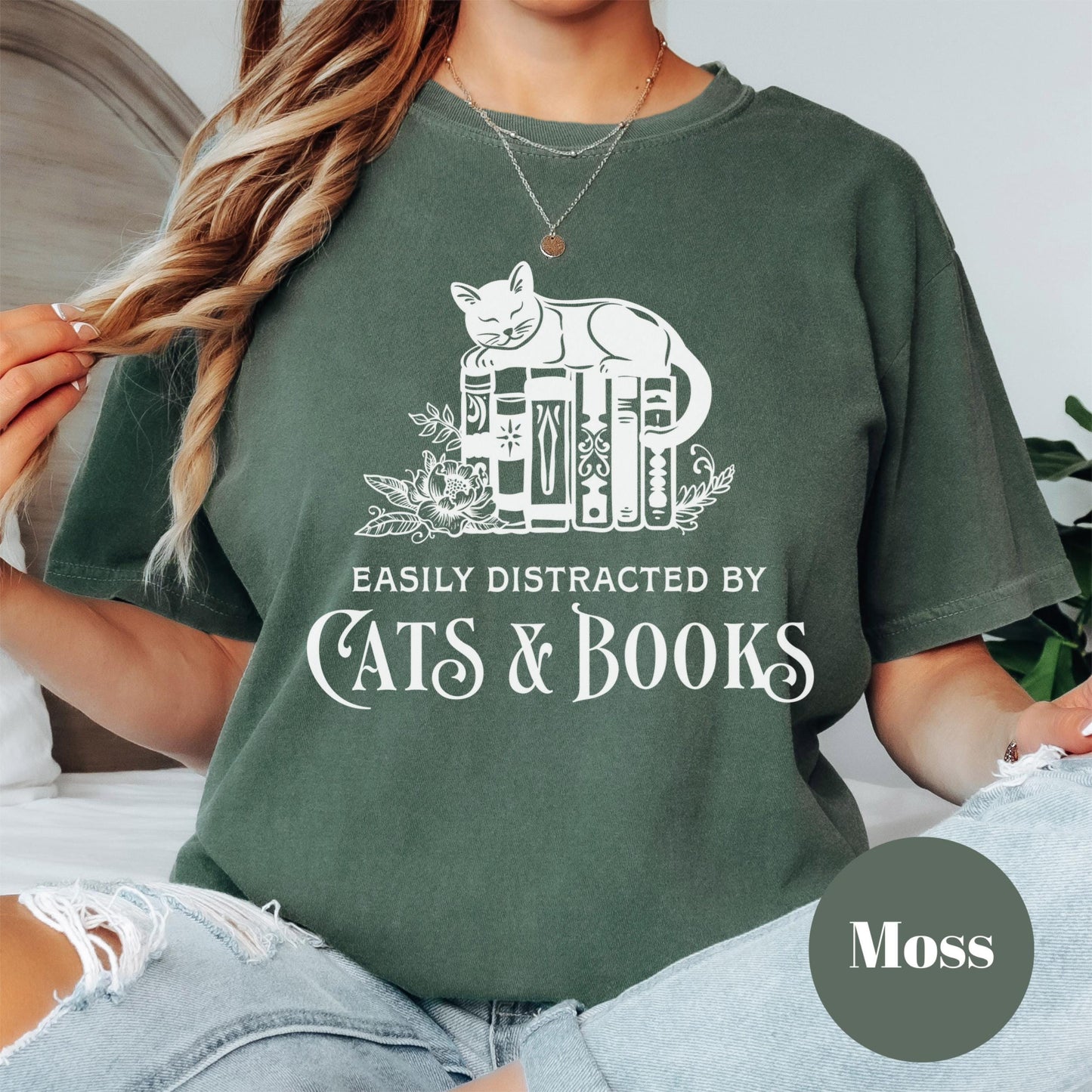 Easily Distracted by Cats and Books Shirt, Comfort Colors® Bookish Tee, Funny Cat Lover Gift, Cozy Reading Shirt, Introvert Reader Tee