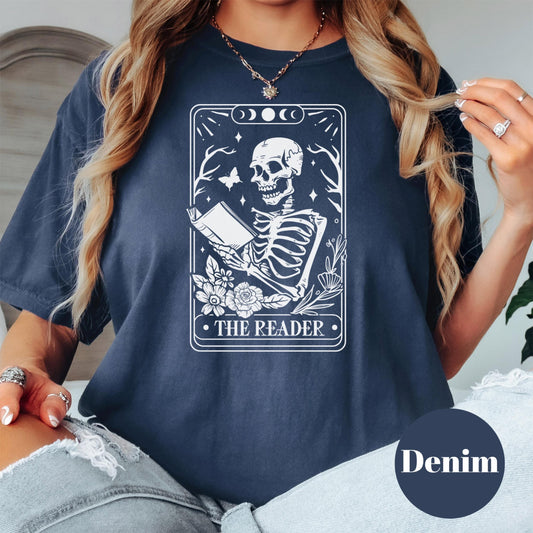 The Reader Tarot Shirt, Skeleton Book Shirt, Comfort Colors® Bookish Tee, Dark Academia Aesthetic, Gothic Reader Shirt, Creepy Cute Book Tee