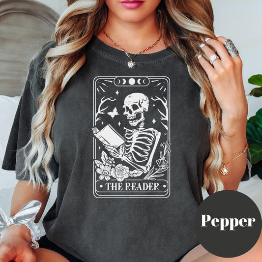 The Reader Tarot Shirt, Skeleton Book Shirt, Comfort Colors® Bookish Tee, Dark Academia Aesthetic, Gothic Reader Shirt, Creepy Cute Book Tee