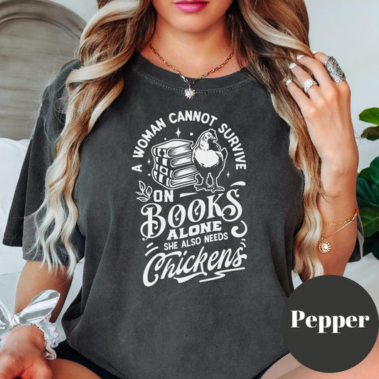 Books and Chickens Shirt, Comfort Colors® Homestead Tee, Funny Farm Girl Gift, Book Lover Graphic Shirt, Cottagecore Reading Tee for Women