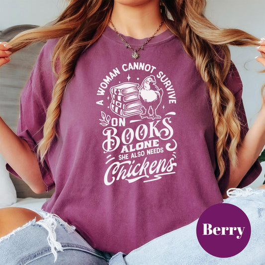 Books and Chickens Shirt, Comfort Colors® Homestead Tee, Funny Farm Girl Gift, Book Lover Graphic Shirt, Cottagecore Reading Tee for Women