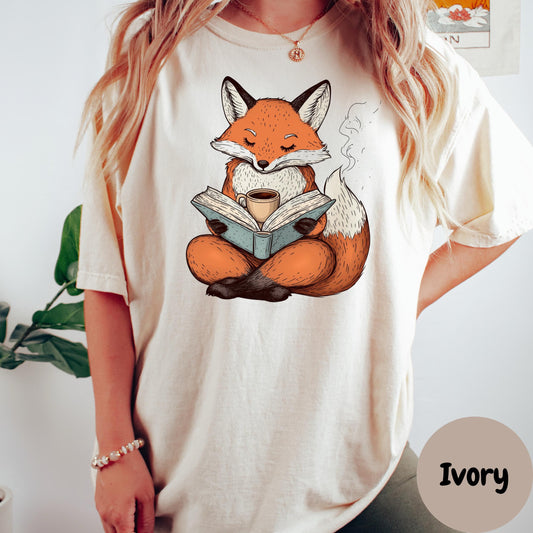 Fox Reading Book and Coffee Shirt, Cozy Comfort Colors® Tee, Cute Bookish Animal Shirt, Autumn Vibes Reading Shirt, Book Lover Gift Tee