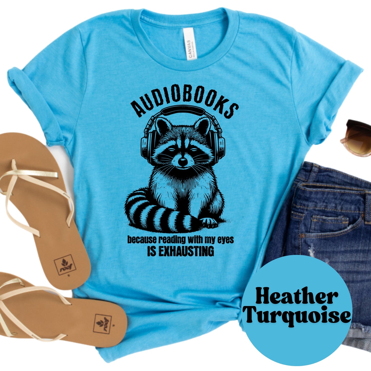 Audiobooks Are Exhausting Shirt – Funny Bookish Raccoon Tee – Audiobook Lover Shirt – Lazy Reader Gift – Bookworm Introvert Graphic Tee