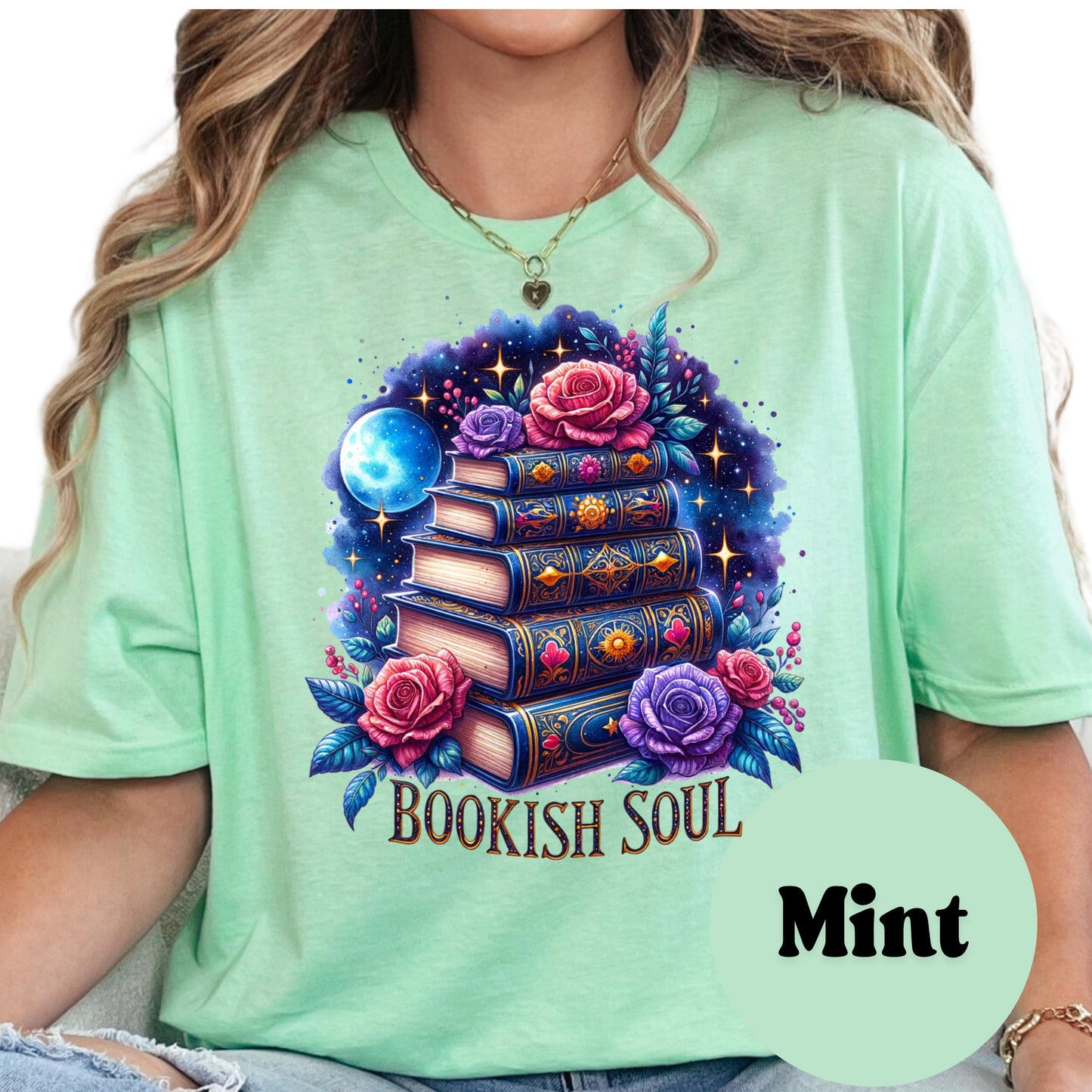 Bookish Soul Shirt – Fantasy Book Lover Tee – Floral Galaxy Book Stack Shirt – Magical Reader Gift – Whimsical Bookish Graphic Tee