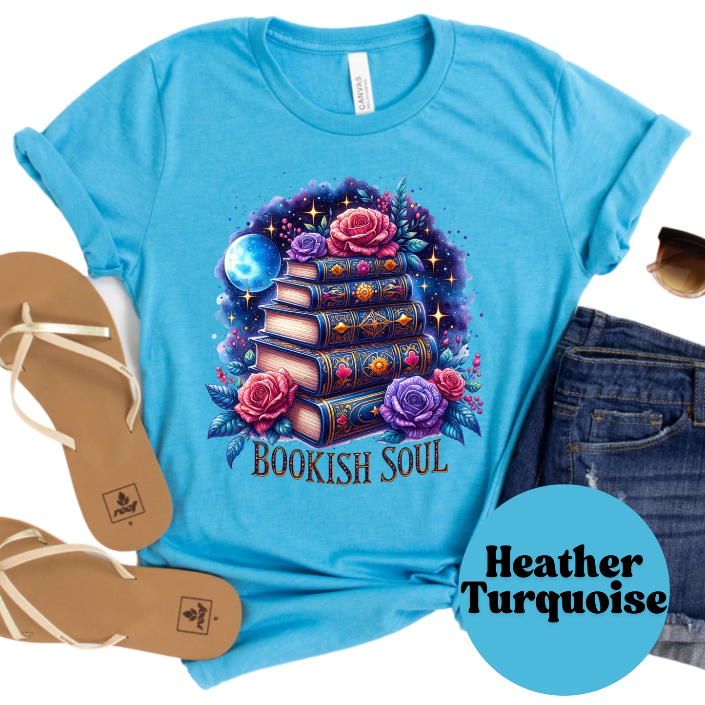 Bookish Soul Shirt – Fantasy Book Lover Tee – Floral Galaxy Book Stack Shirt – Magical Reader Gift – Whimsical Bookish Graphic Tee