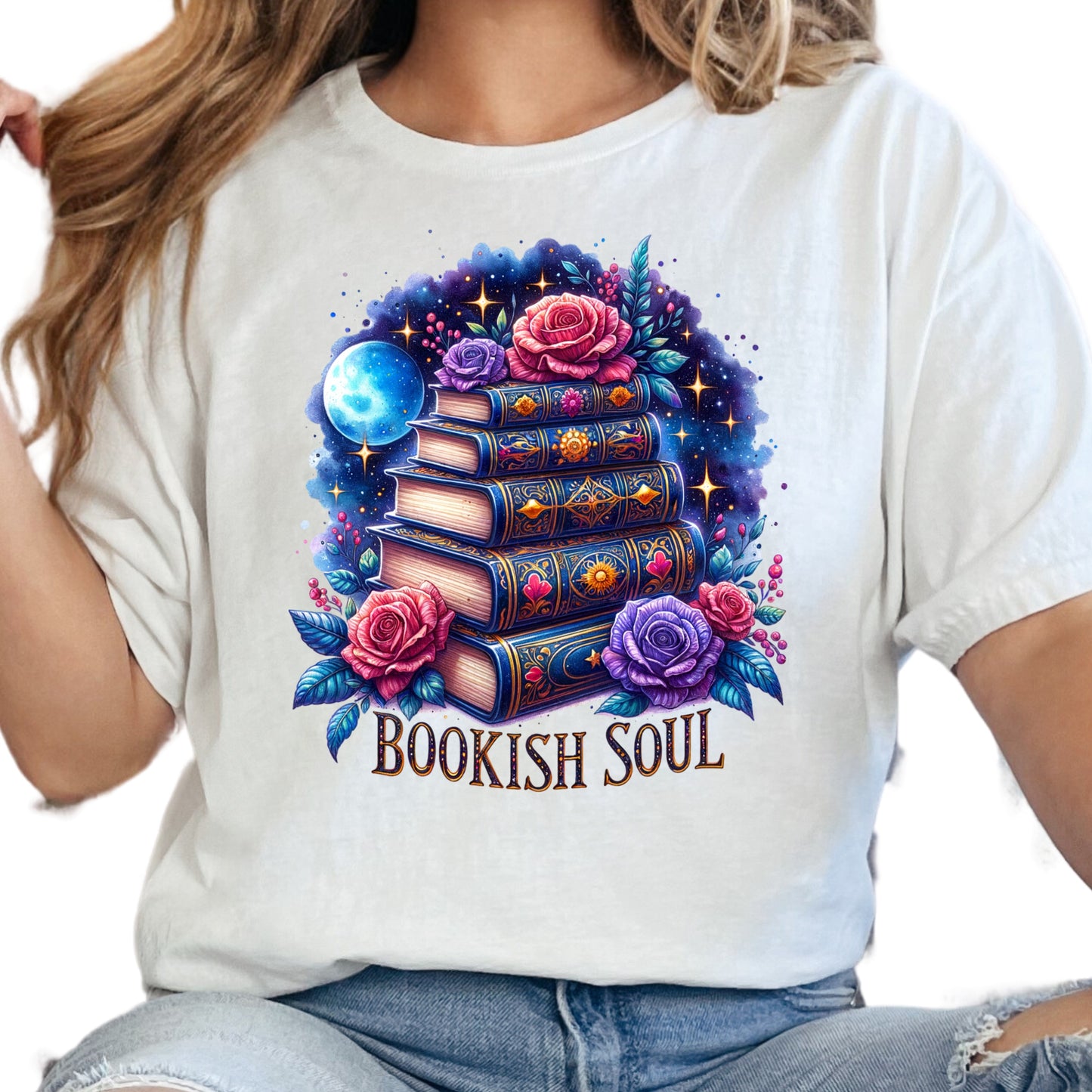 Bookish Soul Shirt – Fantasy Book Lover Tee – Floral Galaxy Book Stack Shirt – Magical Reader Gift – Whimsical Bookish Graphic Tee