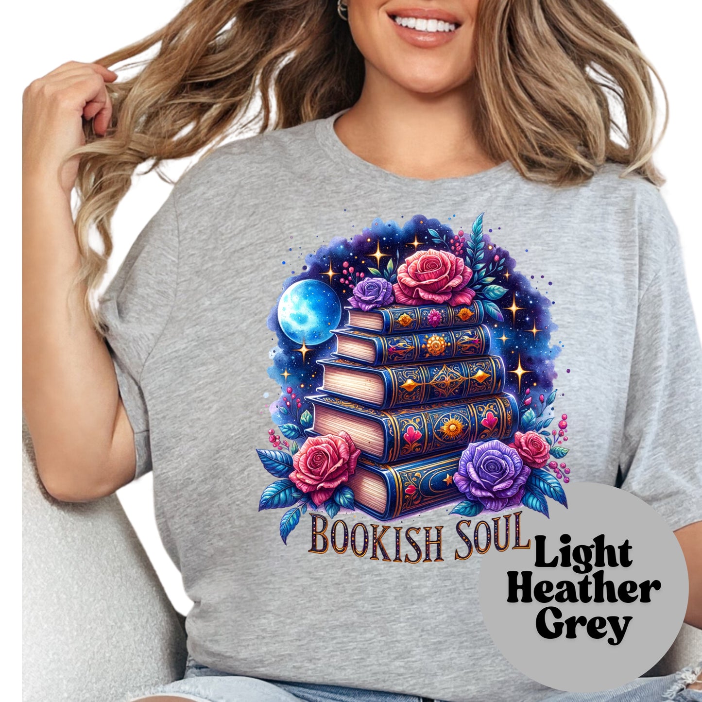 Bookish Soul Shirt – Fantasy Book Lover Tee – Floral Galaxy Book Stack Shirt – Magical Reader Gift – Whimsical Bookish Graphic Tee