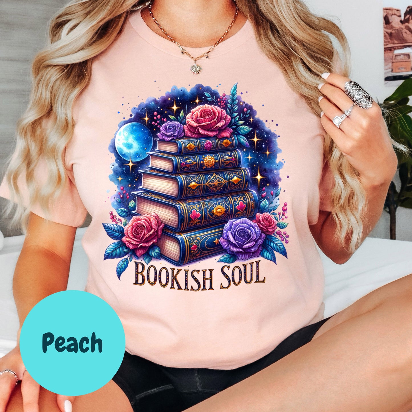 Bookish Soul Shirt – Fantasy Book Lover Tee – Floral Galaxy Book Stack Shirt – Magical Reader Gift – Whimsical Bookish Graphic Tee