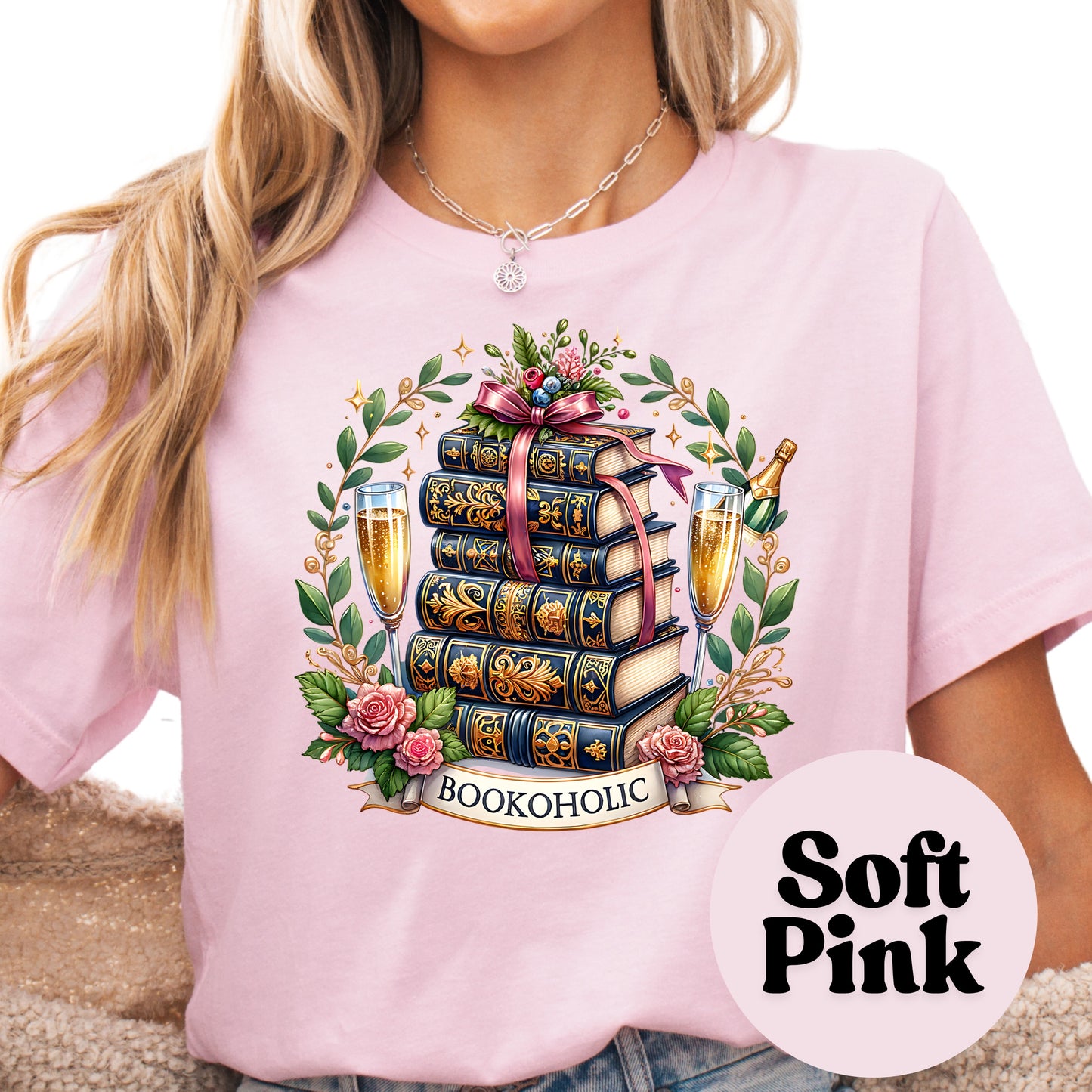 Bookoholic Shirt – Luxury Book Lover Tee – Book Stack and Champagne Shirt – Book Club Graphic Tee – Reader Gift – Floral Bookish T-Shirt