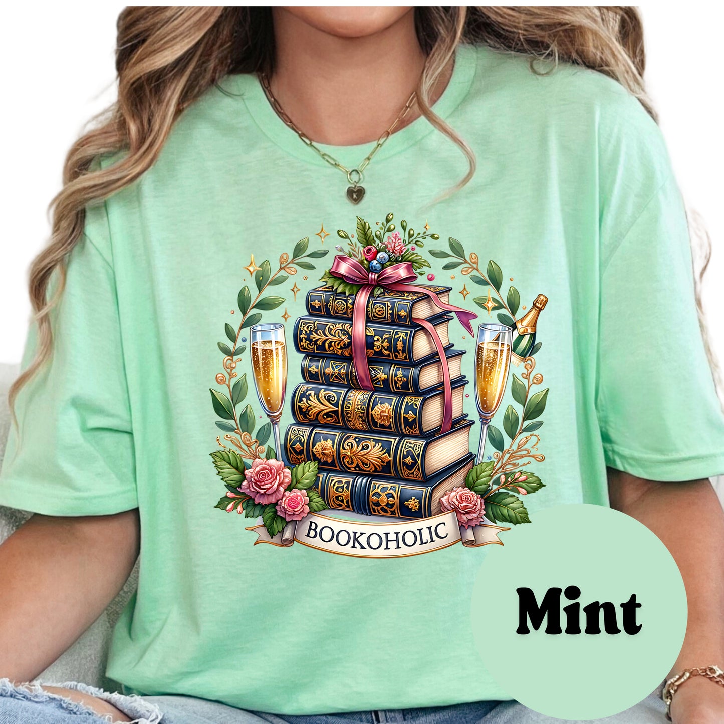 Bookoholic Shirt – Luxury Book Lover Tee – Book Stack and Champagne Shirt – Book Club Graphic Tee – Reader Gift – Floral Bookish T-Shirt