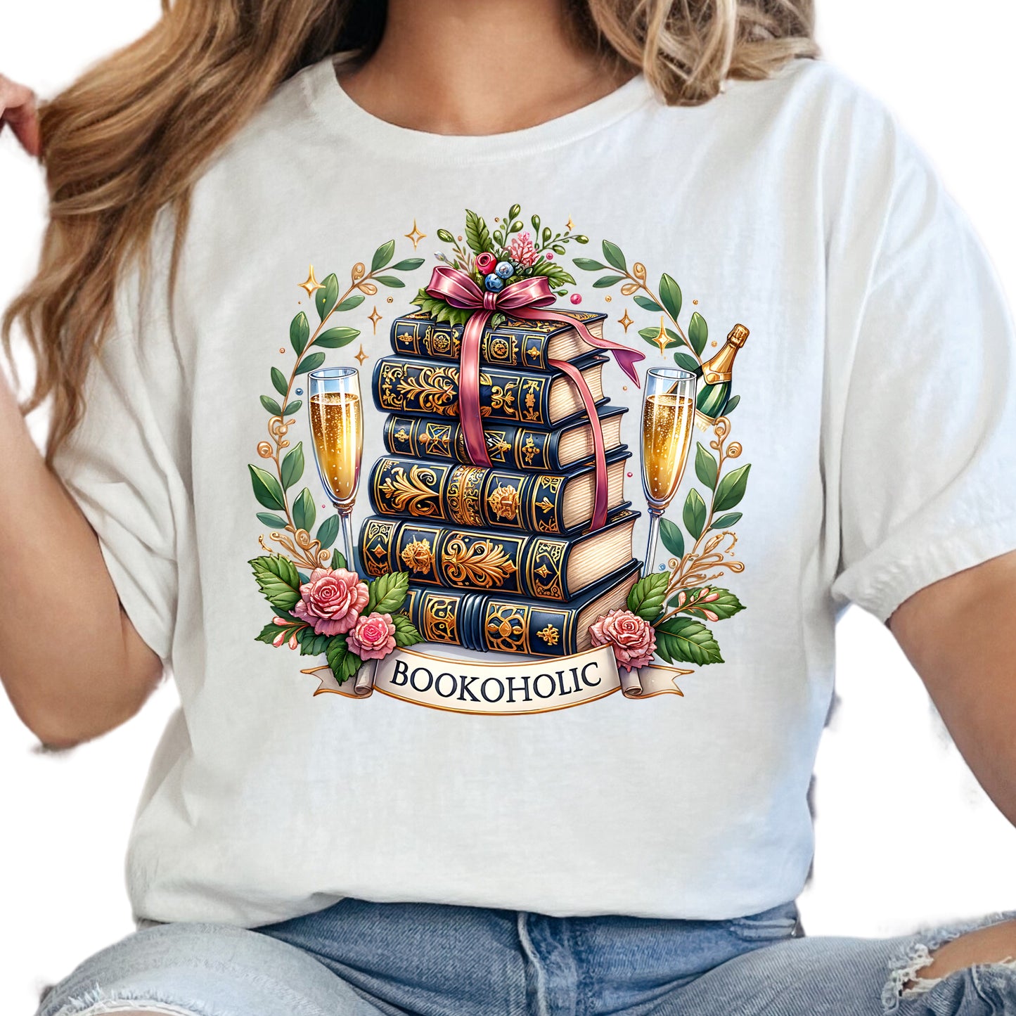 Bookoholic Shirt – Luxury Book Lover Tee – Book Stack and Champagne Shirt – Book Club Graphic Tee – Reader Gift – Floral Bookish T-Shirt