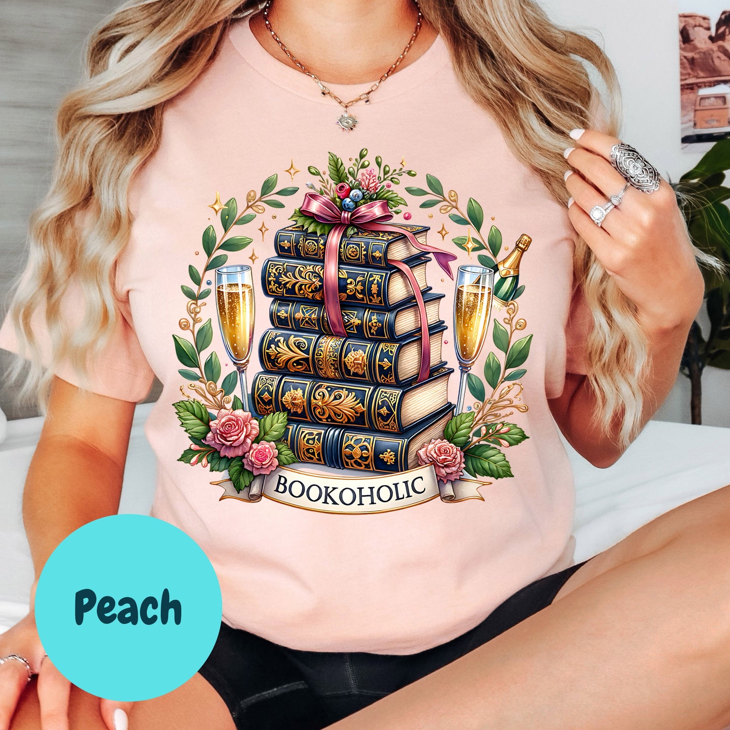 Bookoholic Shirt – Luxury Book Lover Tee – Book Stack and Champagne Shirt – Book Club Graphic Tee – Reader Gift – Floral Bookish T-Shirt