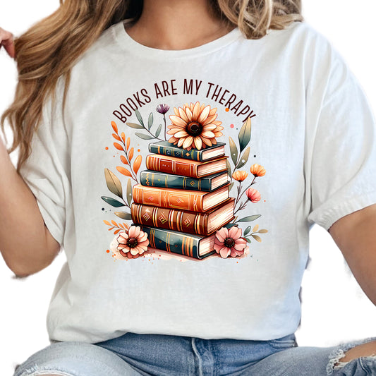 Books Are My Therapy Shirt – Floral Book Stack Tee – Mental Health Bookish Shirt – Reader Self-Care Tee – Book Lover Comfort Shirt