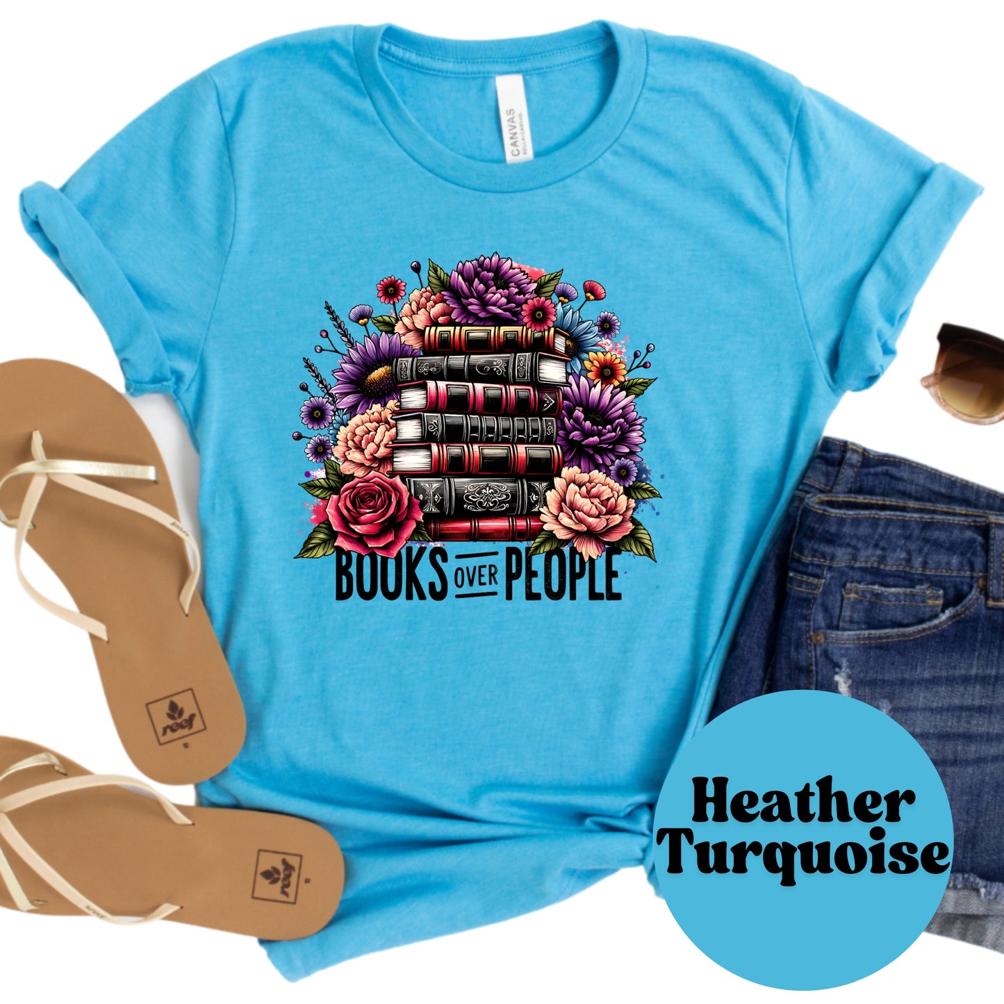 Books Over People Shirt – Floral Book Stack Tee – Moody Reader Graphic Tee – Funny Introvert Book Lover Shirt – Bookish Boutique Gift