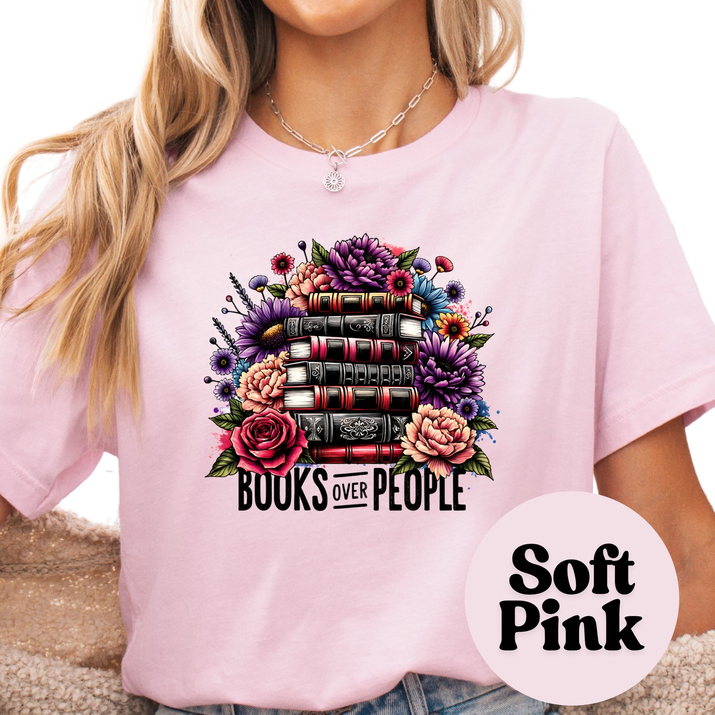 Books Over People Shirt – Floral Book Stack Tee – Moody Reader Graphic Tee – Funny Introvert Book Lover Shirt – Bookish Boutique Gift