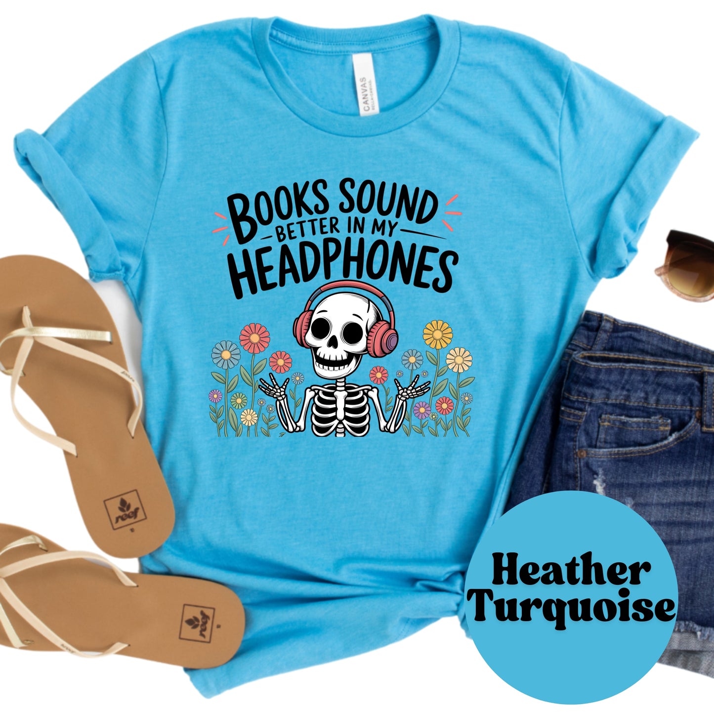 Books Sound Better in My Headphones Shirt – Funny Audiobook Lover Tee – Skeleton Reading Shirt – Spooky Bookish Graphic Tee – Book Nerd Gift