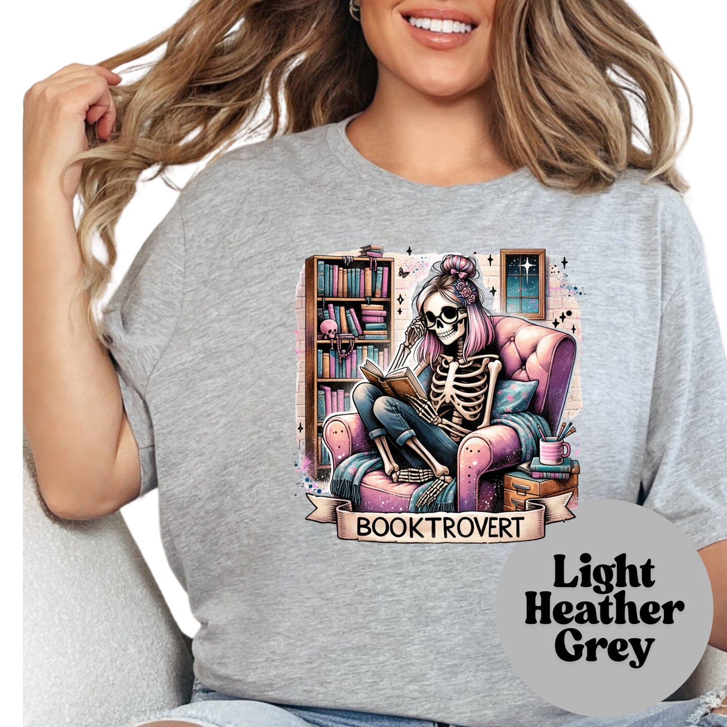 Booktrovert Shirt – Cozy Skeleton Reading Tee – Funny Introvert Book Lover Shirt – Spooky Bookish Graphic Tee – Goth Bookworm Gift