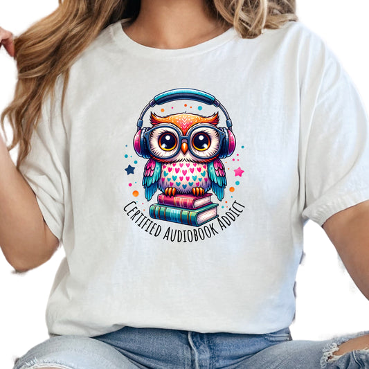 Certified Audiobook Addict Shirt – Cute Owl in Headphones Tee – Funny Audiobook Lover Gift – Bookish Graphic Tee – Listener Reader Shirt