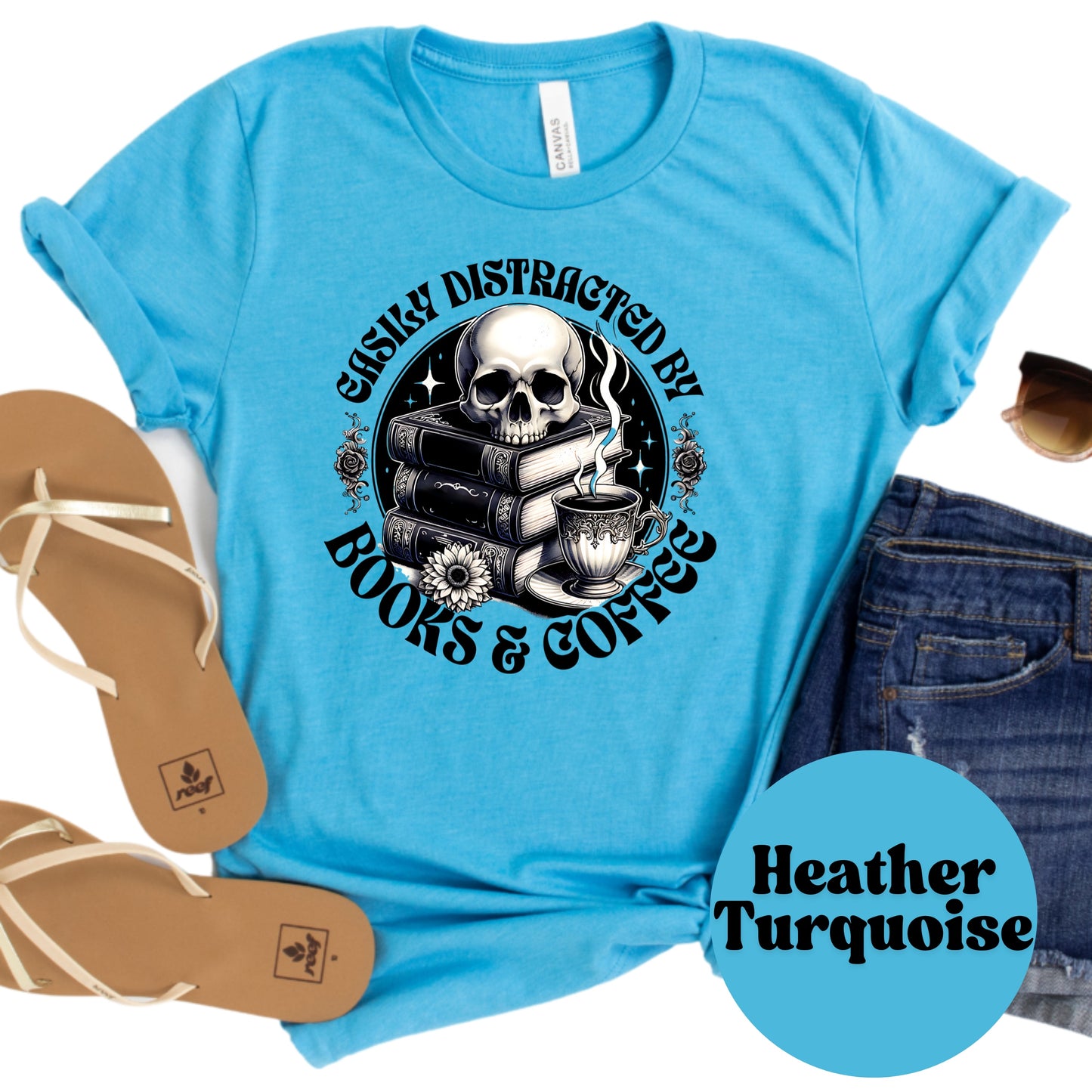 Easily Distracted by Books & Coffee Shirt – Gothic Book Lover Tee – Skull and Coffee Bookish Shirt – Cozy Spooky Reader Gift – Dark Academia Tee