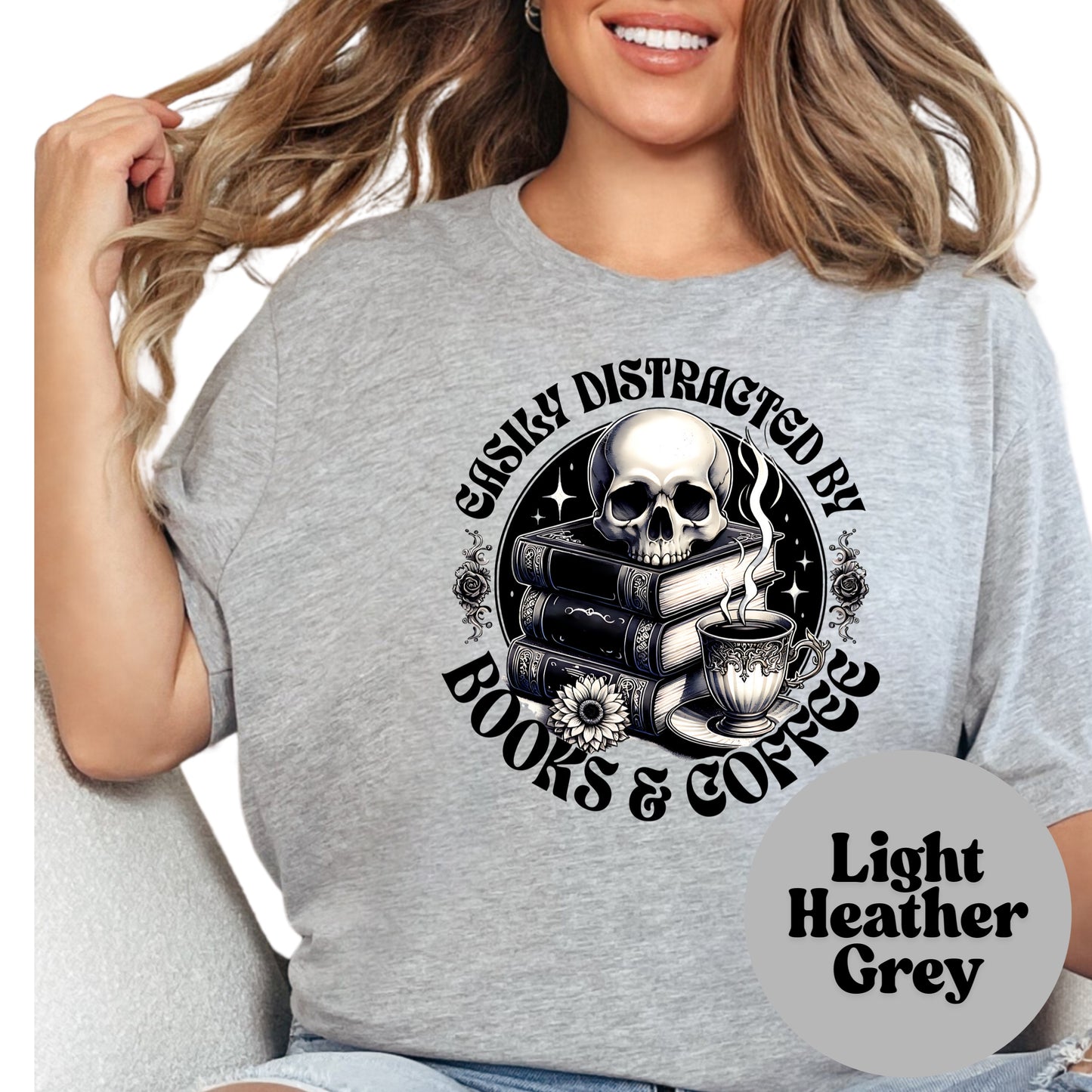 Easily Distracted by Books & Coffee Shirt – Gothic Book Lover Tee – Skull and Coffee Bookish Shirt – Cozy Spooky Reader Gift – Dark Academia Tee