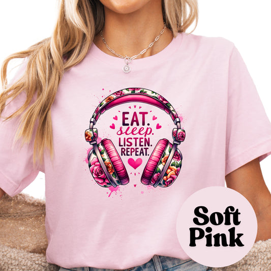 Eat Sleep Listen Repeat Shirt – Audiobook Lover Tee – Headphones Graphic Shirt – Bookish Listener Gift – Bright Floral Book Tee