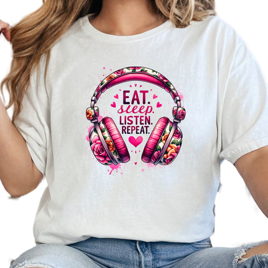 Eat Sleep Listen Repeat Shirt – Audiobook Lover Tee – Headphones Graphic Shirt – Bookish Listener Gift – Bright Floral Book Tee