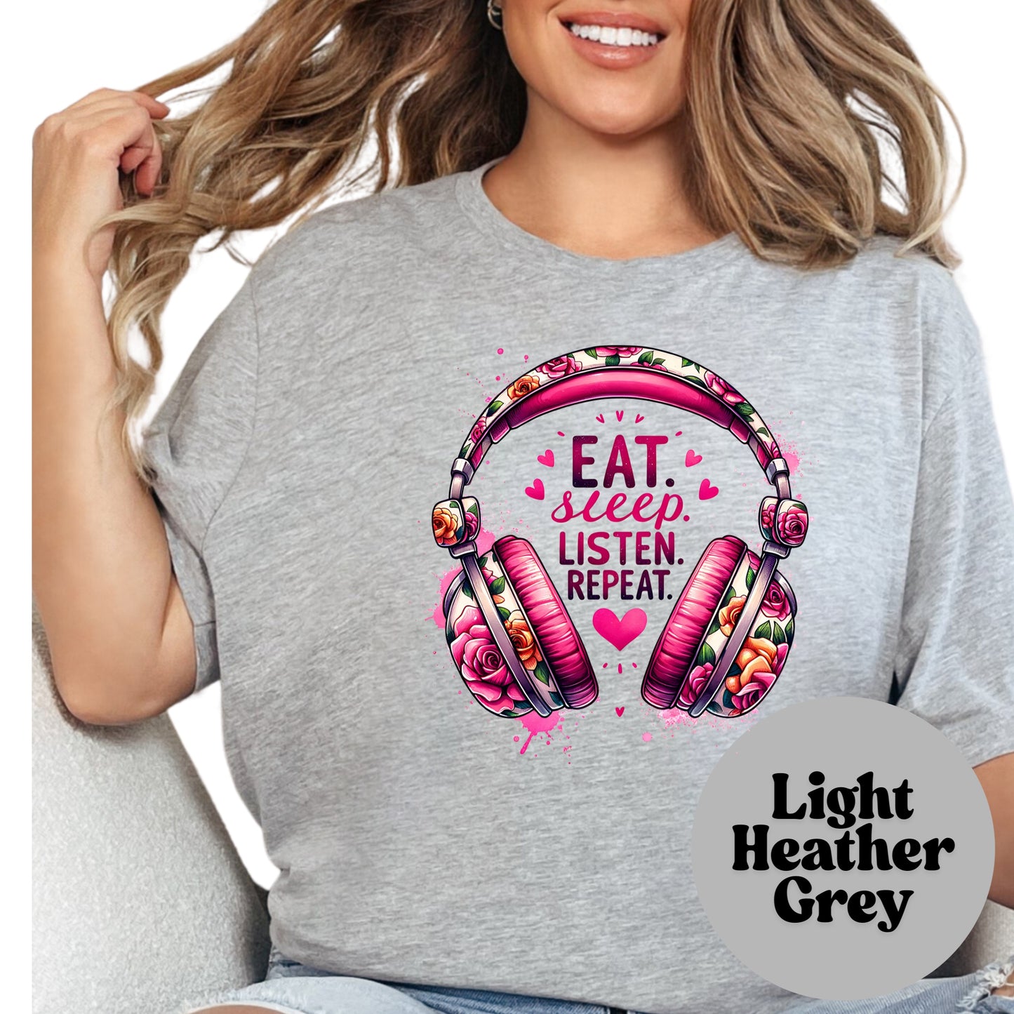 Eat Sleep Listen Repeat Shirt – Audiobook Lover Tee – Headphones Graphic Shirt – Bookish Listener Gift – Bright Floral Book Tee