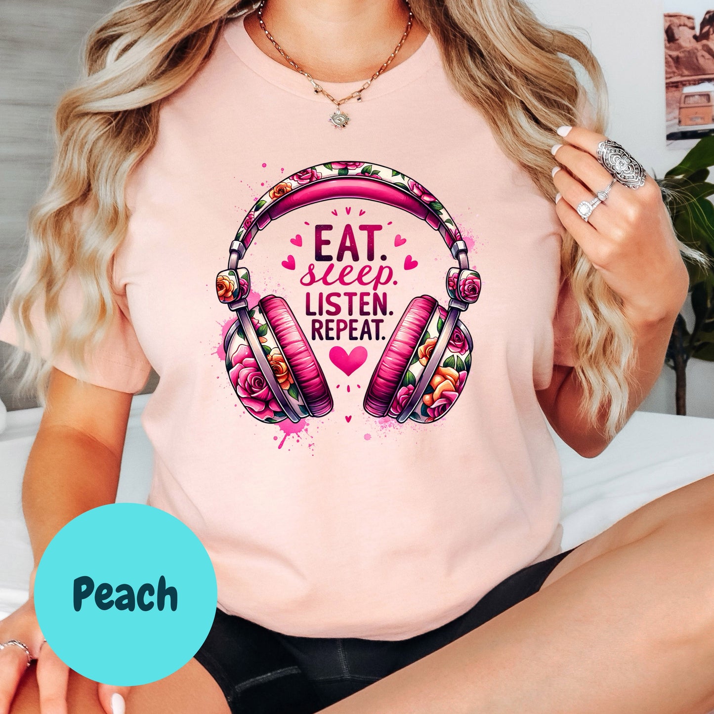 Eat Sleep Listen Repeat Shirt – Audiobook Lover Tee – Headphones Graphic Shirt – Bookish Listener Gift – Bright Floral Book Tee