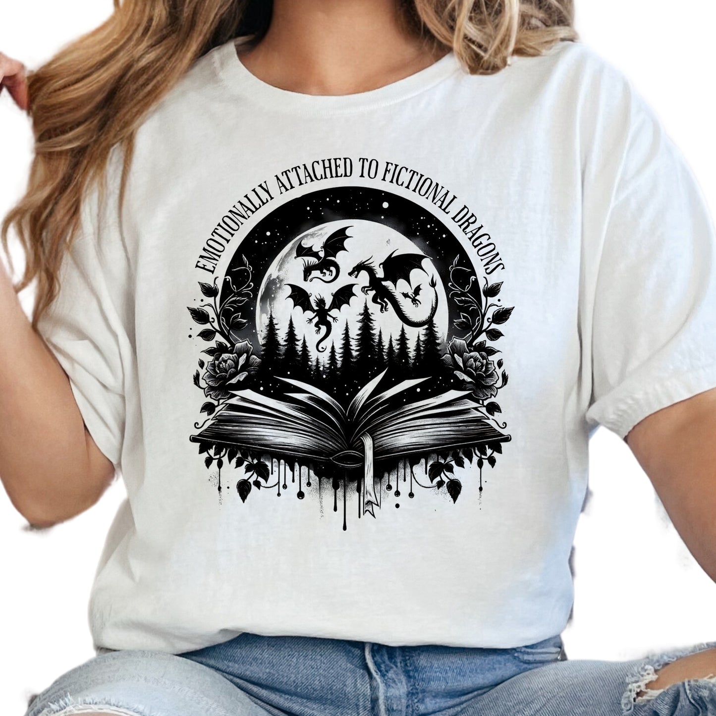 Emotionally Attached to Fictional Dragons Shirt – Fantasy Book Lover Tee – Dark Dragon Reader Shirt – Bookish Graphic Tee – Romantasy Gift Shirt