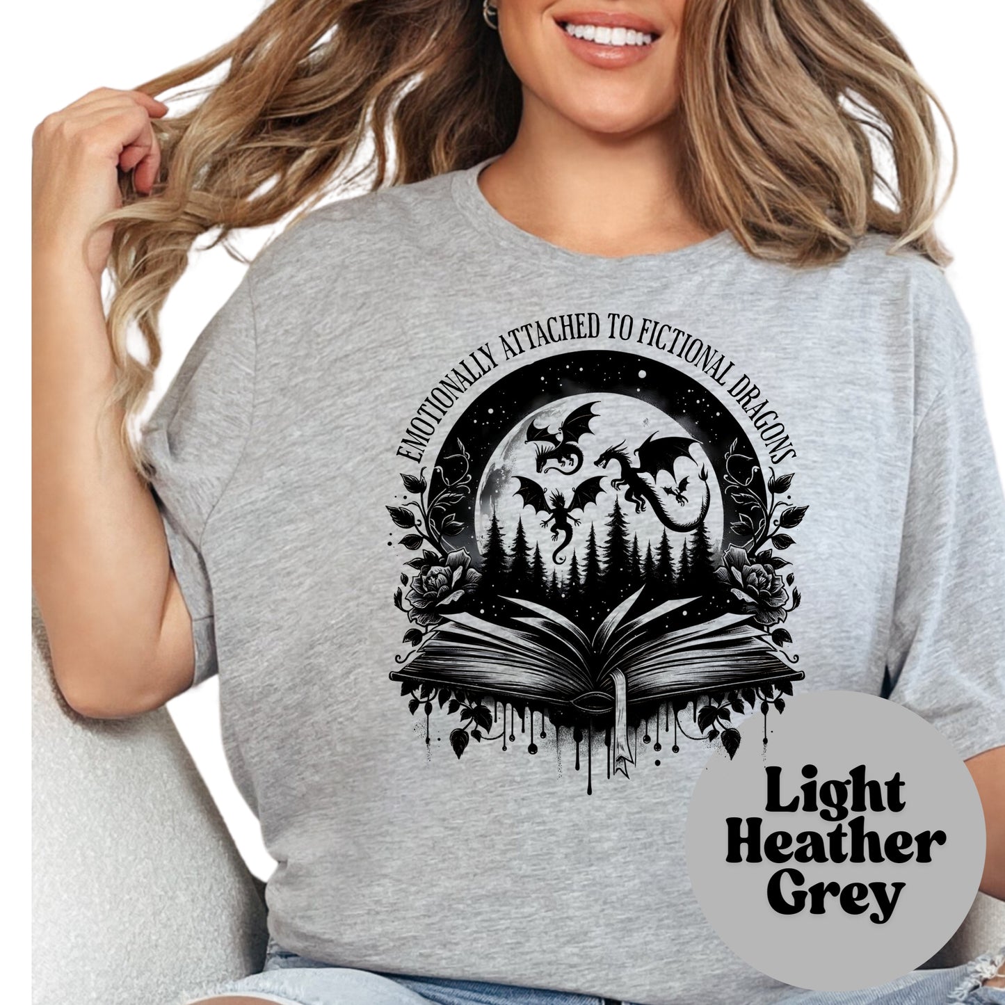 Emotionally Attached to Fictional Dragons Shirt – Fantasy Book Lover Tee – Dark Dragon Reader Shirt – Bookish Graphic Tee – Romantasy Gift Shirt