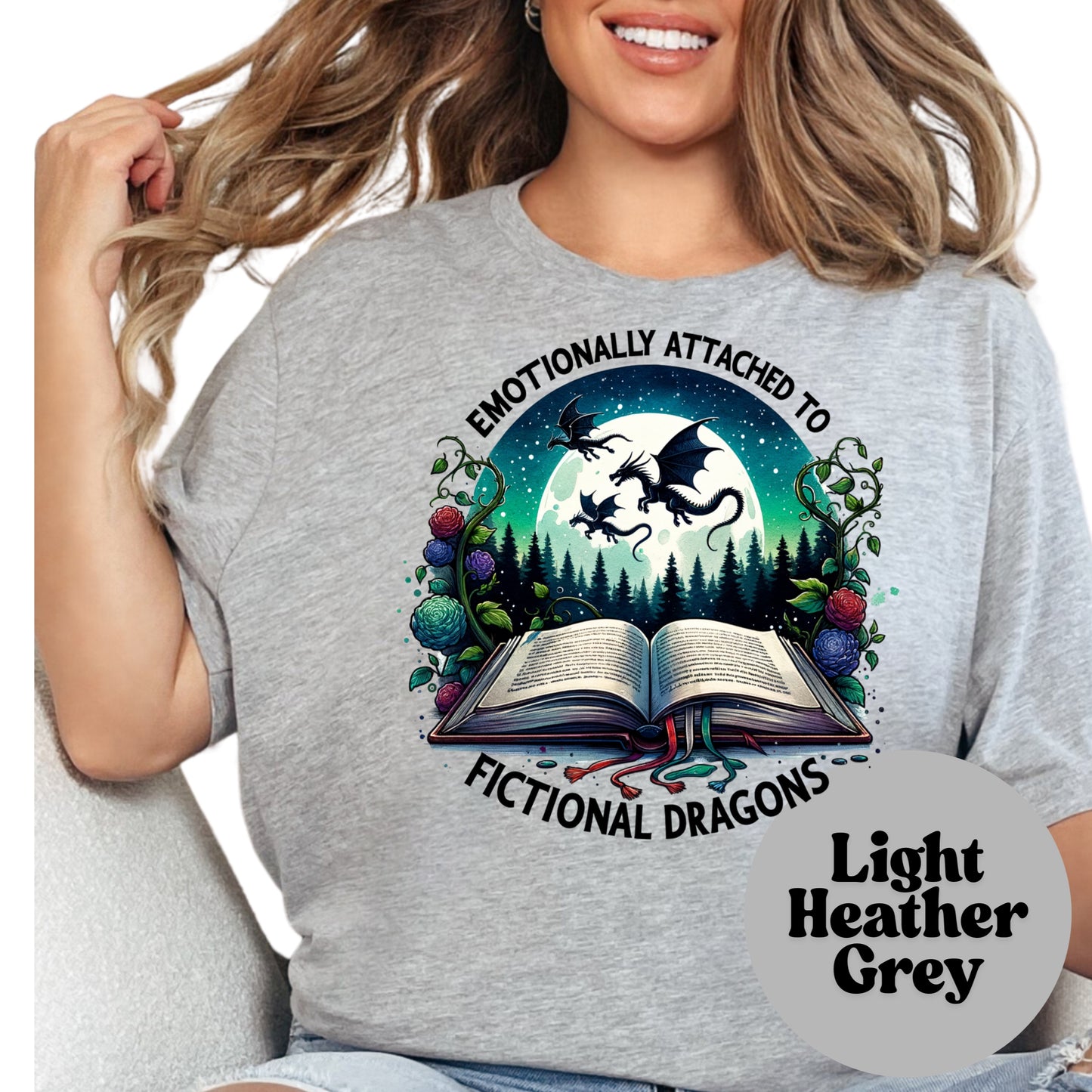 Emotionally Attached to Fictional Dragons Shirt – Fantasy Book Lover Tee – Colorful Dragon Reader Shirt – Romantasy Graphic Tee – BookTok Gift Shirt