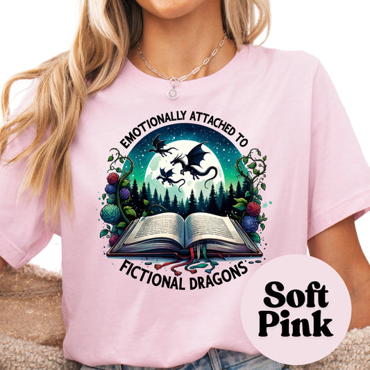 Emotionally Attached to Fictional Dragons Shirt – Fantasy Book Lover Tee – Colorful Dragon Reader Shirt – Romantasy Graphic Tee – BookTok Gift Shirt