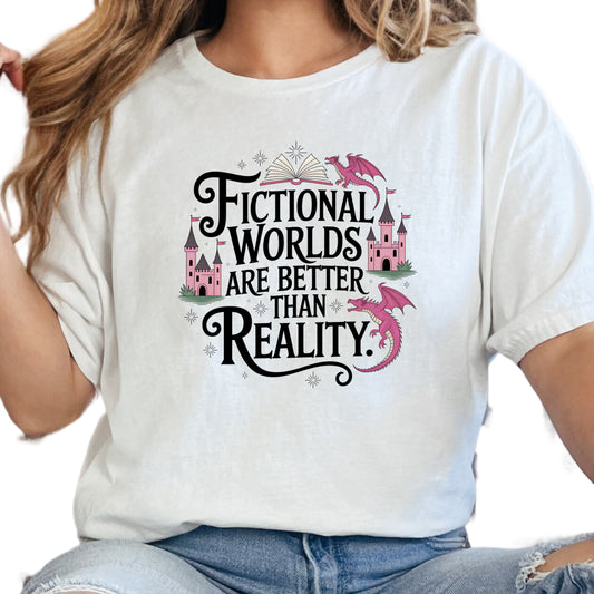 Fictional Worlds Are Better Shirt – Fantasy Book Lover Tee – Cute Dragon Castle Shirt – Reader Gift – Bookish Aesthetic Tee – Escape Into Books Top