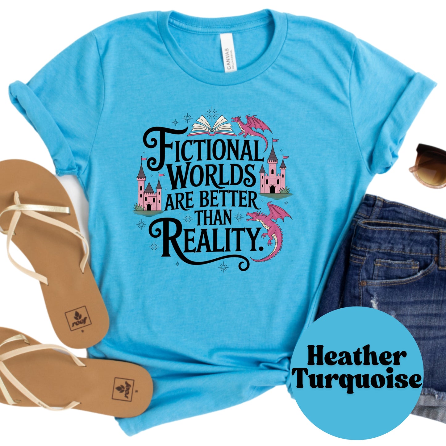 Fictional Worlds Are Better Shirt – Fantasy Book Lover Tee – Cute Dragon Castle Shirt – Reader Gift – Bookish Aesthetic Tee – Escape Into Books Top