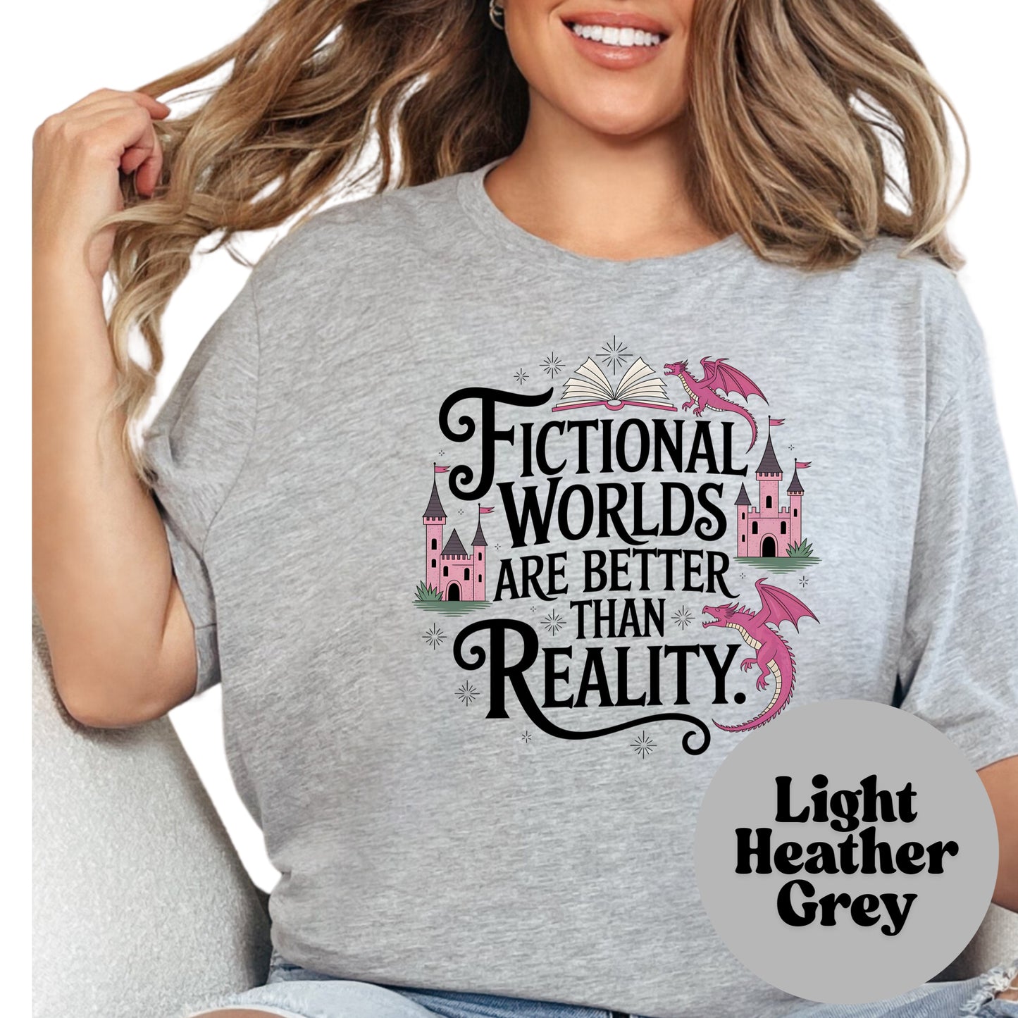 Fictional Worlds Are Better Shirt – Fantasy Book Lover Tee – Cute Dragon Castle Shirt – Reader Gift – Bookish Aesthetic Tee – Escape Into Books Top