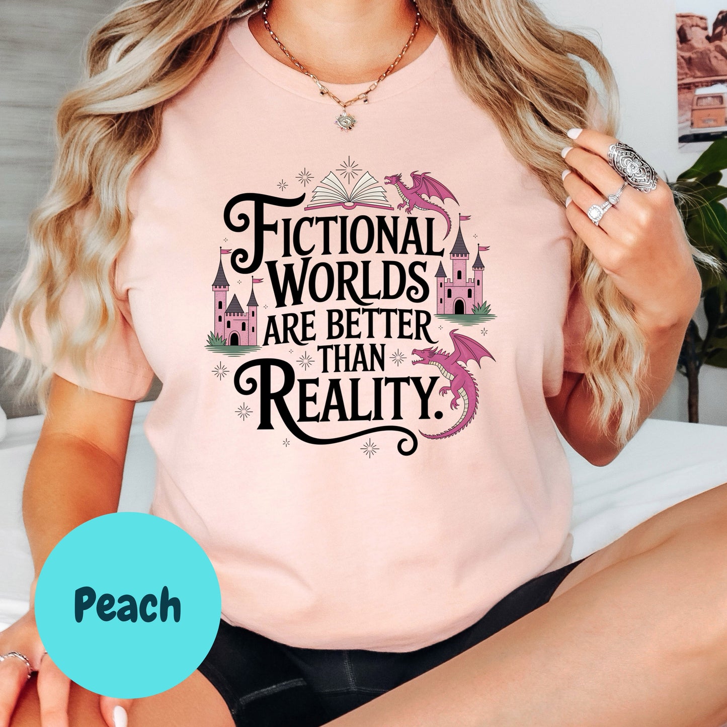 Fictional Worlds Are Better Shirt – Fantasy Book Lover Tee – Cute Dragon Castle Shirt – Reader Gift – Bookish Aesthetic Tee – Escape Into Books Top