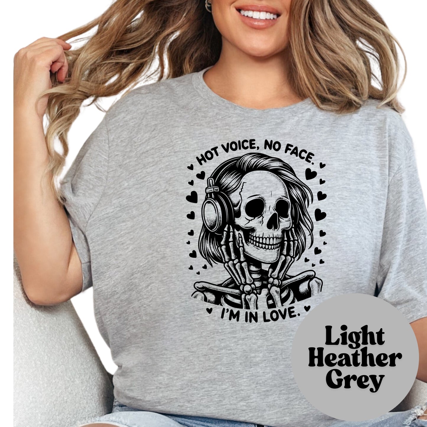 Hot Voice No Face Shirt, Smutty romance Narrator Tee – Skeleton Headphones Top – Booktok Shirt – Audio Lover Gift – Romance Tropes Shirt